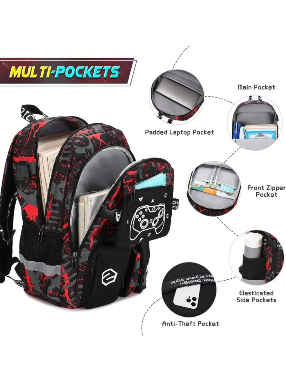 Cool Luminous Boys Backpack Set with Lunch Bag & Pencil Case, USB Charging Port